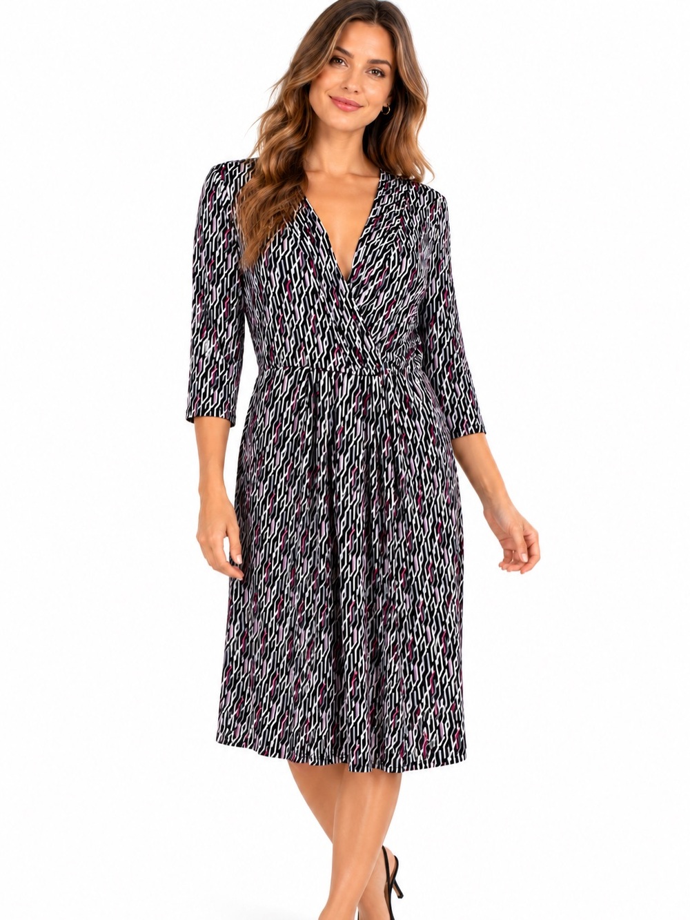 WHITE HOUSE BLACK MARKET Faux-Wrap Black/Gray/White Geometric Print Dress Medium